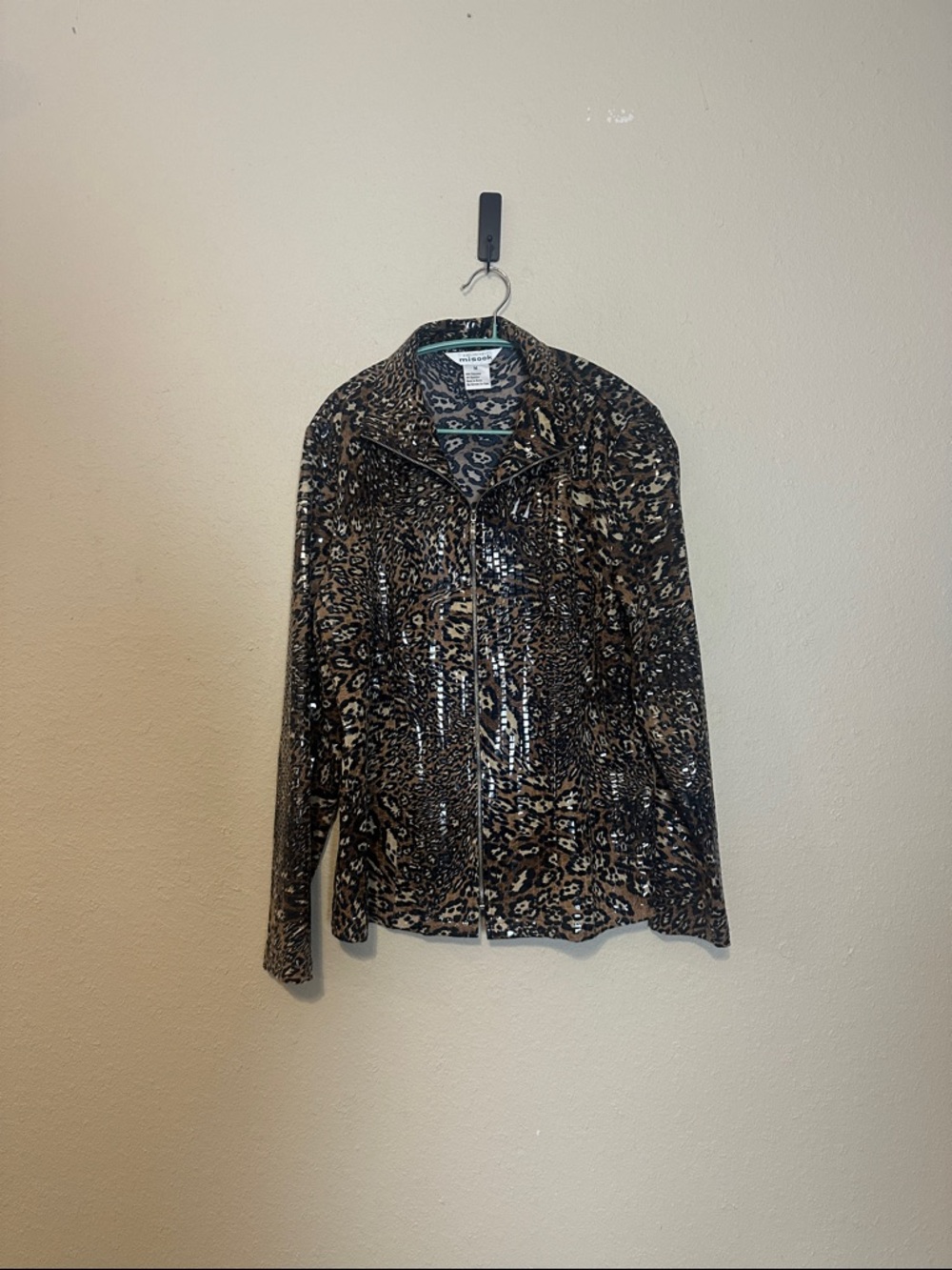 Exclusively Misook Leopard Print Sequin Mock Neck Full Zip Soft Shell Jacket